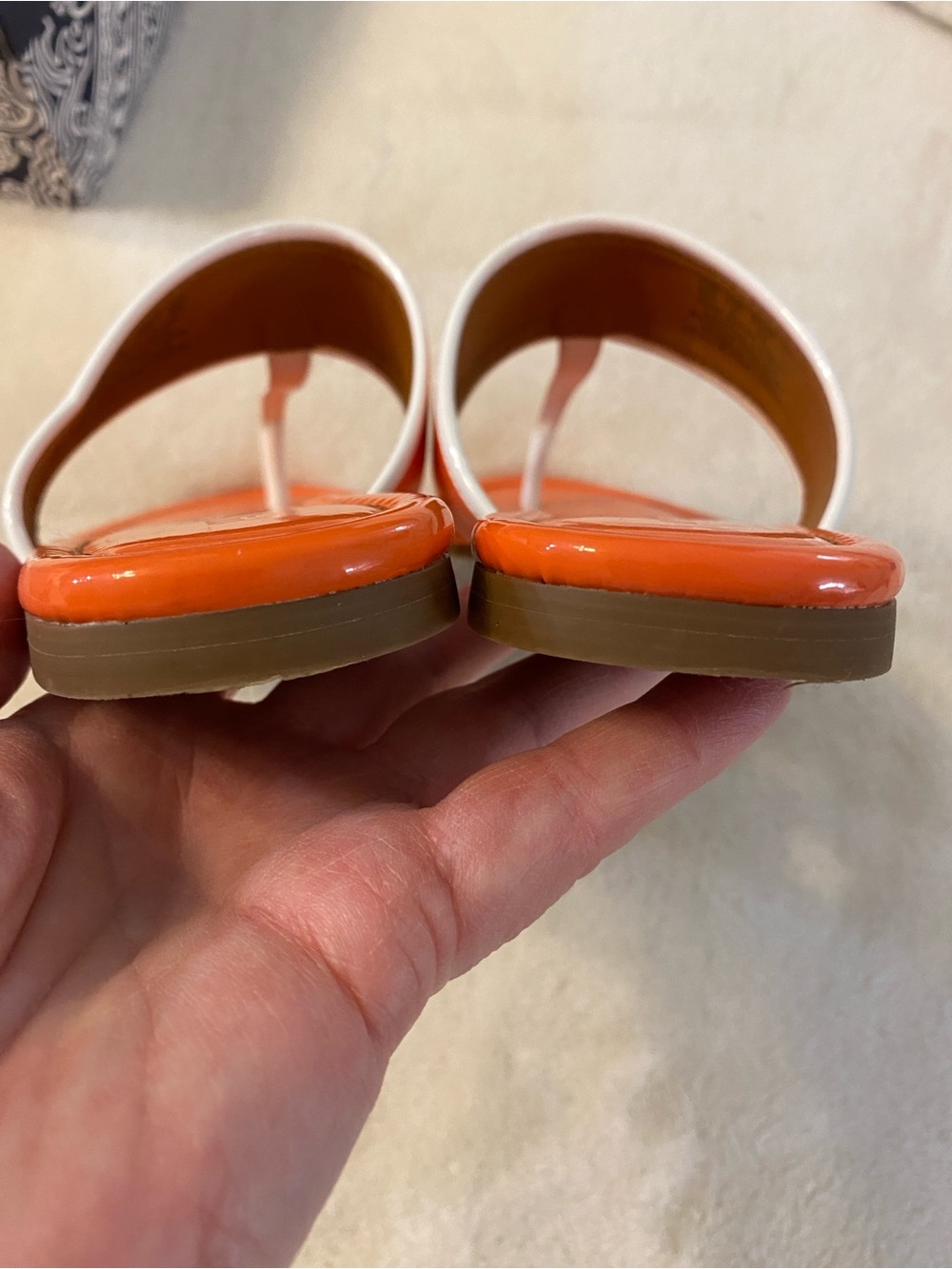 J. McLaughlin Leslie Thong Sandal Orange and White Patent 8 - Picture 3 of 7